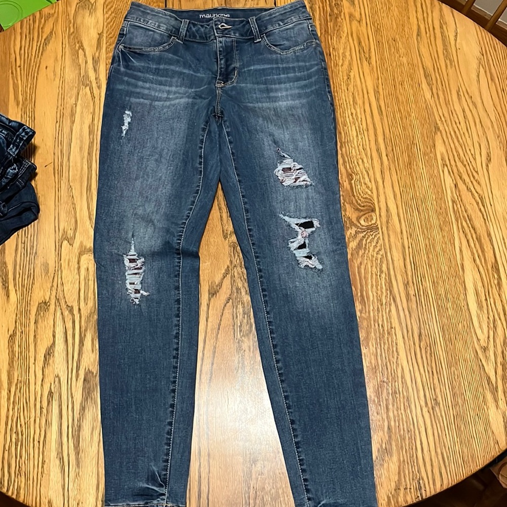 Maurices Small Mid-Rise Plaid-Backed Distressed Jeggings